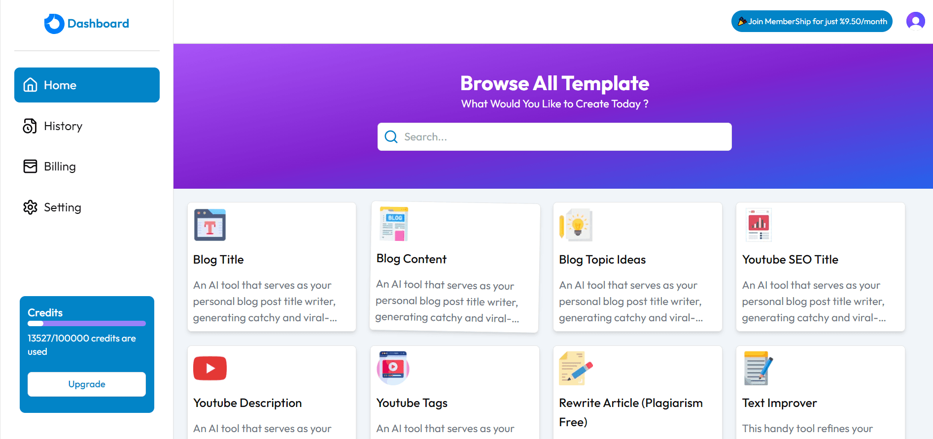 AI content generator dashboard mockup